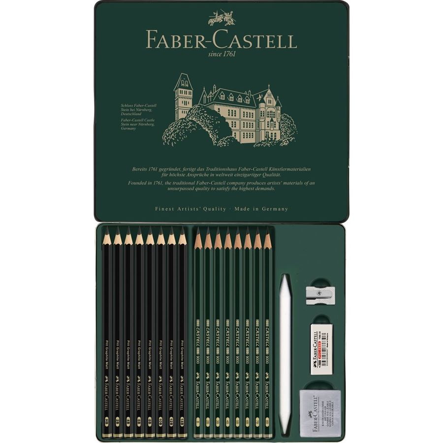 Faber-Castell Set di Matite Pitt Graphite Matt e Castell 9000, 20 pezzi con Accessori Inclusi