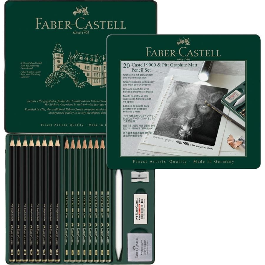Faber-Castell Set di Matite Pitt Graphite Matt e Castell 9000, 20 pezzi con Accessori Inclusi