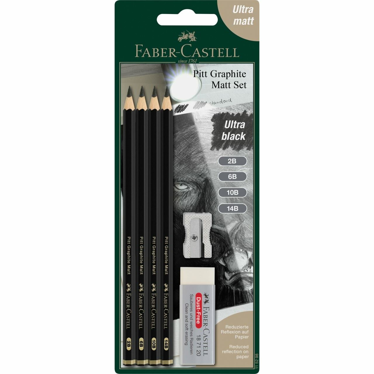 Faber-Castell 115298 Set di Matite Pitt Graphite Matt - 4 Matite (2B, 6B, 10B, 14B) con Temperamatite e Gomma
