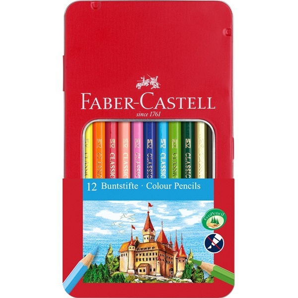 Faber-Castell 115801 Matite Colorate Esagonali, Confezione da 12, Fusto Verniciato, Resistente alla Rottura, Mina Morbida, Astuccio in Metallo