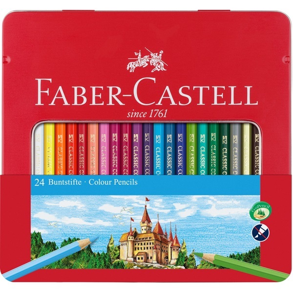 Faber-Castell 115824 Astuccio in Metallo con 24 Matite Colorate Esagonali - Colori Luminosi e Resistente alla Rottura