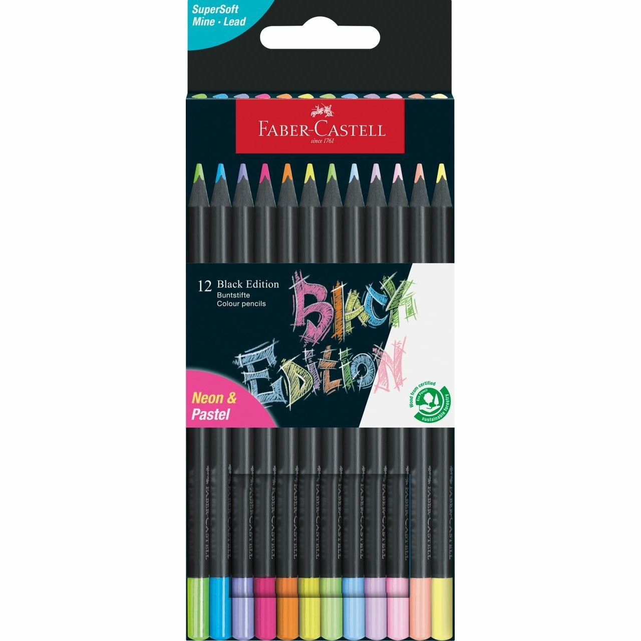 Faber-Castell 116410 Black Edition Set di 12 Matite Colorate Neon & Pastel, Ergonomiche e Resistenti alla Rottura, Ideali per Carta Chiara e Scura