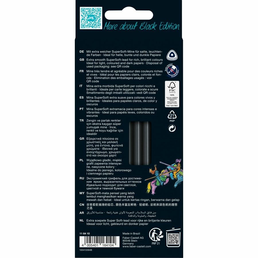 Faber-Castell 116410 Black Edition Set di 12 Matite Colorate Neon & Pastel, Ergonomiche e Resistenti alla Rottura, Ideali per Carta Chiara e Scura