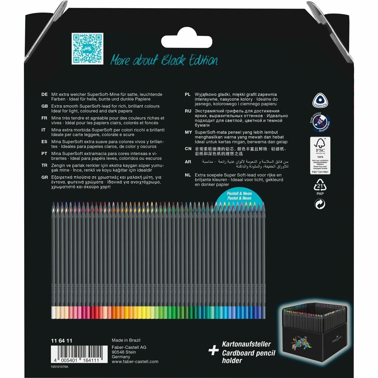 Faber-Castell 116411 Black Edition Matite Colorate 100 pz - Forma Triangolare Ergonomica, Mina Super Morbida, Resistenti alla Rottura, Astuccio e Gomma Dust-free