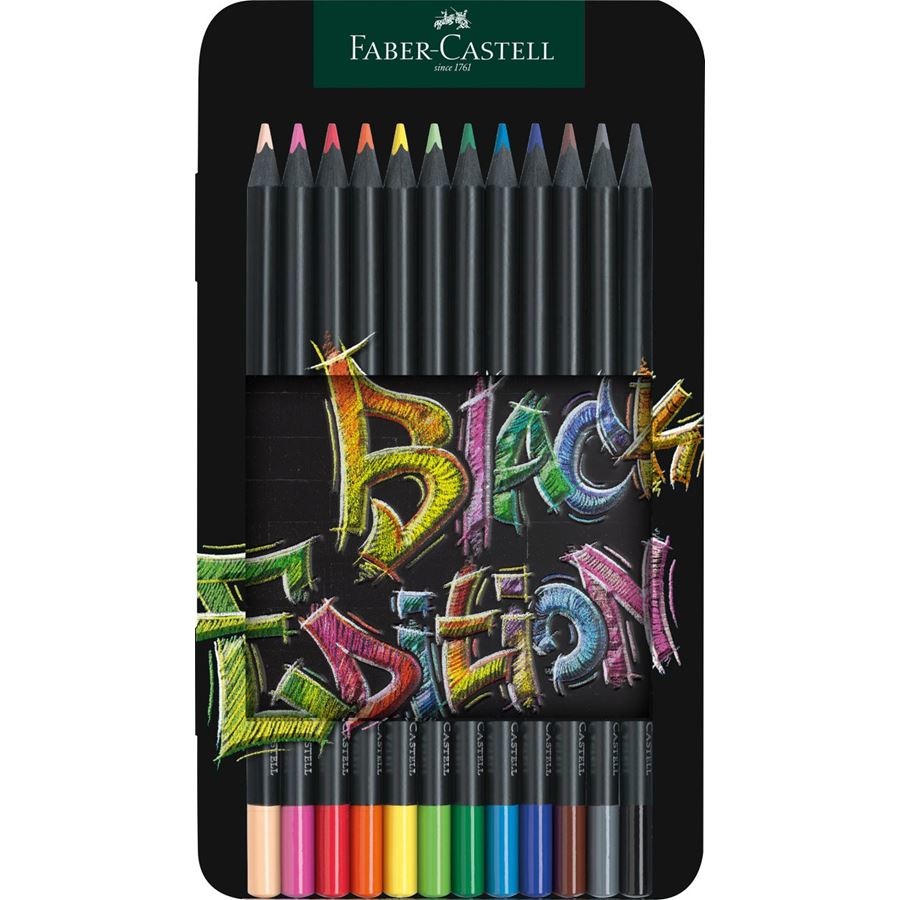 Faber-Castell 116413 Matite Colorate Black Edition - 12 Pz, Astuccio in Metallo, Mina SuperSoft, Legno Nero, Forma Triangolare Ergonomica