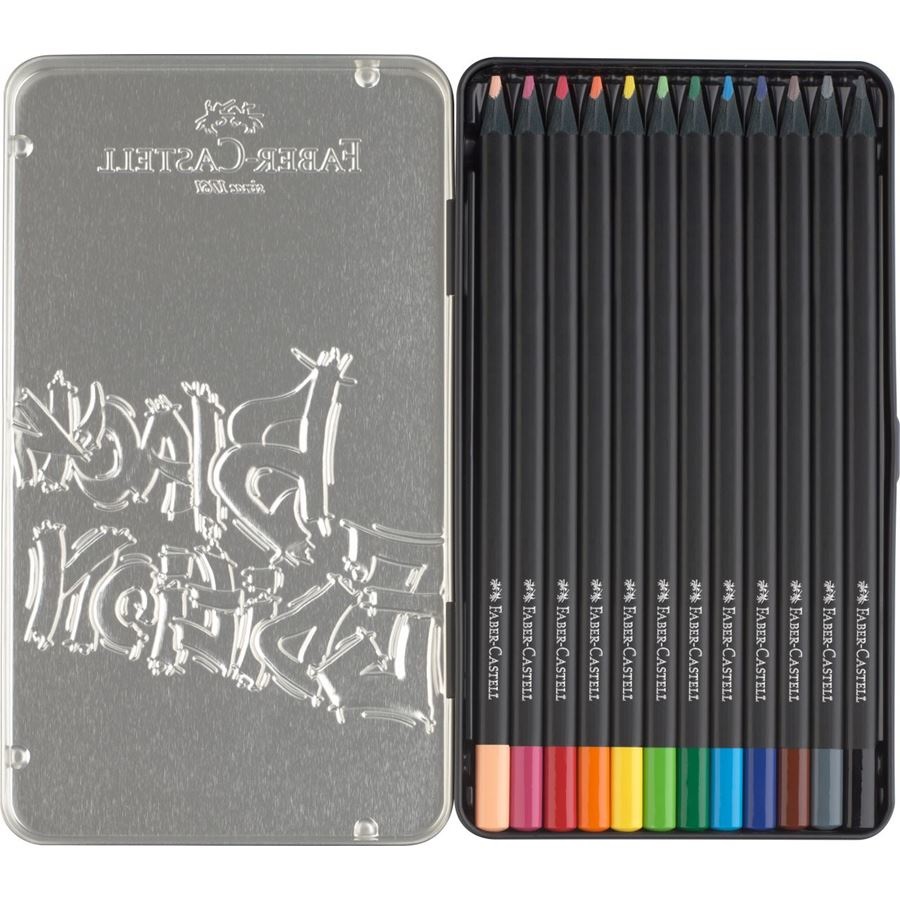 Faber-Castell 116413 Matite Colorate Black Edition - 12 Pz, Astuccio in Metallo, Mina SuperSoft, Legno Nero, Forma Triangolare Ergonomica