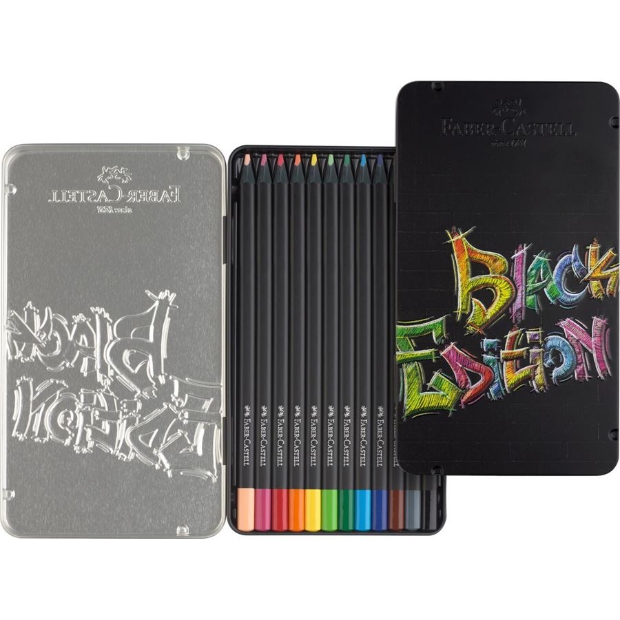 Faber-Castell 116413 Matite Colorate Black Edition - 12 Pz, Astuccio in Metallo, Mina SuperSoft, Legno Nero, Forma Triangolare Ergonomica