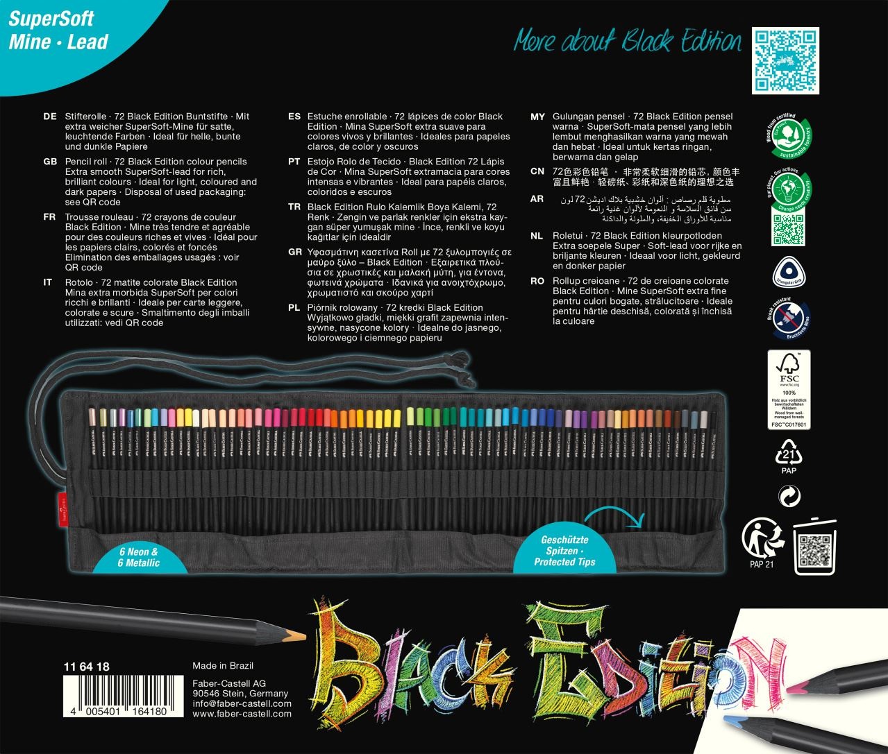 Faber-Castell 116418 Set di Matite Colorate Black Edition - 72 Pz con Colori Metallizzati e Neon, Refill SuperSoft