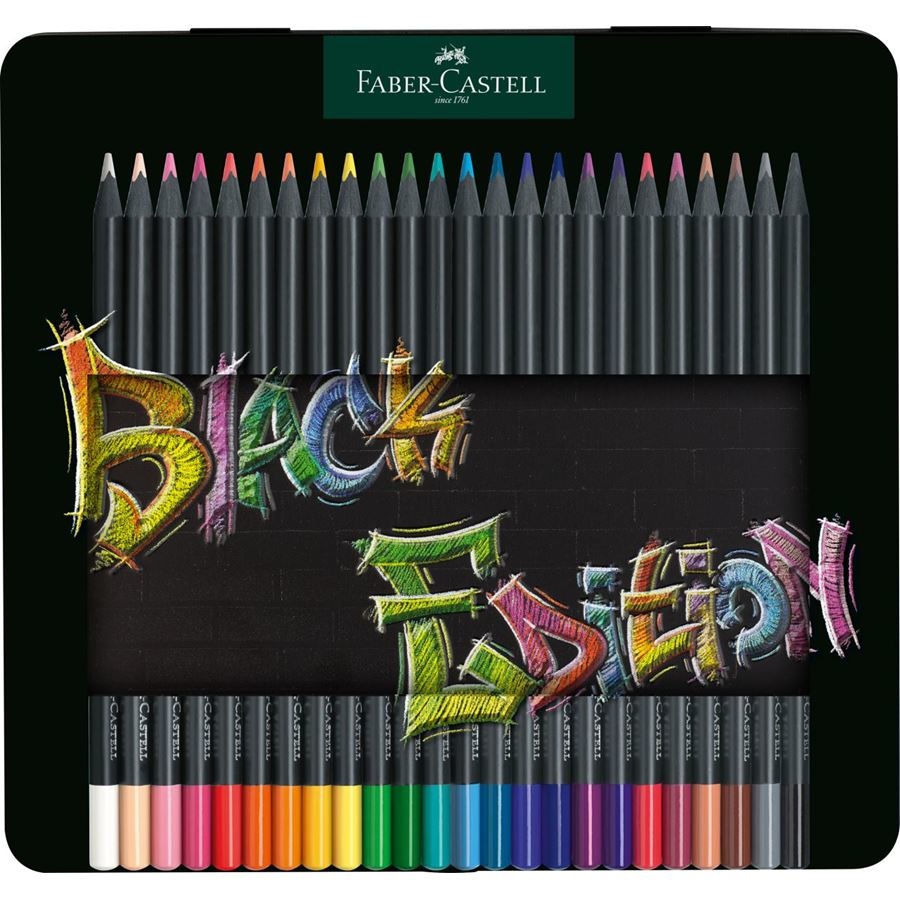 Faber-Castell 116425 Black Edition - 24 Matite Colorate in Astuccio di Metallo, Mina SuperSoft, Forma Triangolare Ergonomica, Resistenti alla Rottura