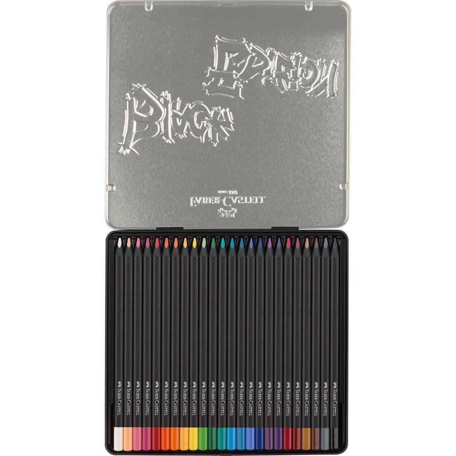 Faber-Castell 116425 Black Edition - 24 Matite Colorate in Astuccio di Metallo, Mina SuperSoft, Forma Triangolare Ergonomica, Resistenti alla Rottura