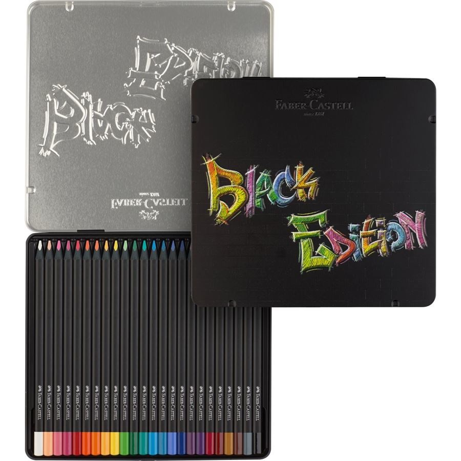 Faber-Castell 116425 Black Edition - 24 Matite Colorate in Astuccio di Metallo, Mina SuperSoft, Forma Triangolare Ergonomica, Resistenti alla Rottura