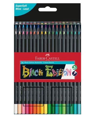 Faber-Castell 116436 Black Edition Set di 36 Matite Colorate Ergonomiche con Mina SuperSoft, Resistenti alla Rottura e Colori Vibranti