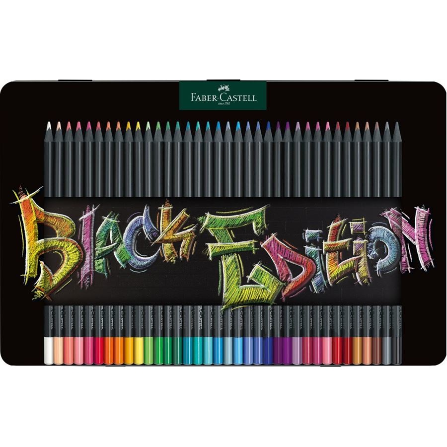 Faber-Castell 116437 Black Edition - 36 Matite Colorate in Astuccio di Metallo, Mina SuperSoft, Forma Triangolare Ergonomica, Resistenti alla Rottura
