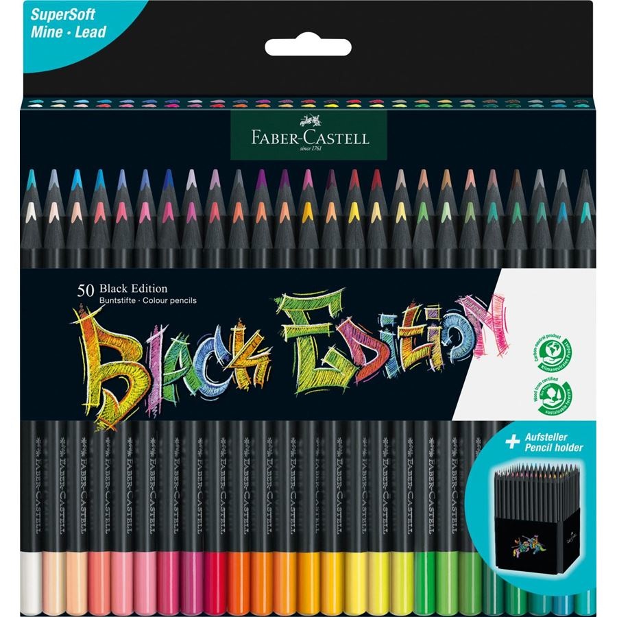 Faber-Castell 116450 Black Edition Set di 50 Matite Colorate - Mina Supersoft, Resistenti alla Rottura, Fusto Triangolare Ergonomico, Colori Vibranti per Carta Chiara e Scura