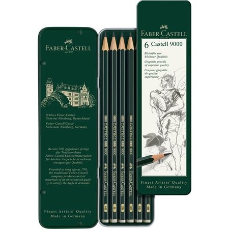 Faber-Castell Castell 9000 Set di 6 Matite di Grafite - Gradazioni HB, B, 2B, 4B, 6B, 8B - Alta Qualità per Arte e Schizzi