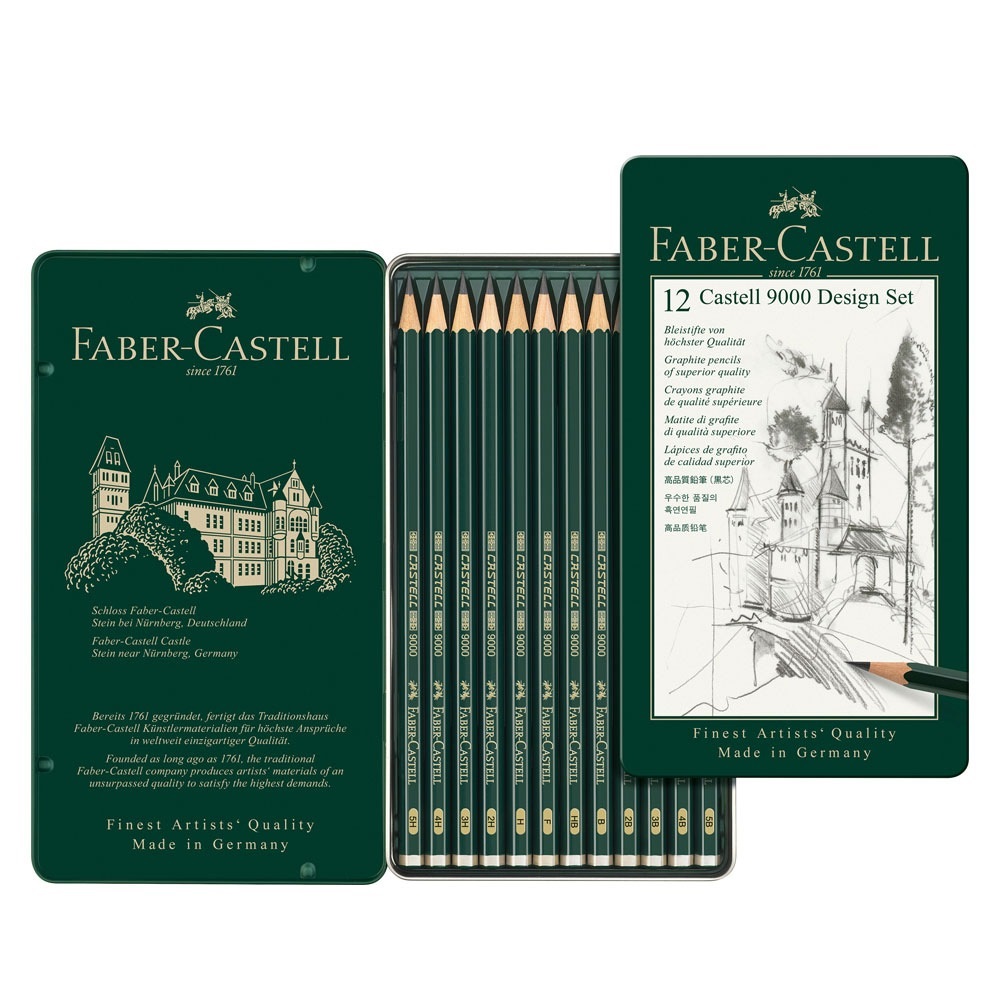 Faber-Castell Castell 9000 - Set di 12 matite di grafite in astuccio di metallo, durezza 5B-5H, ideali per lavori grafici