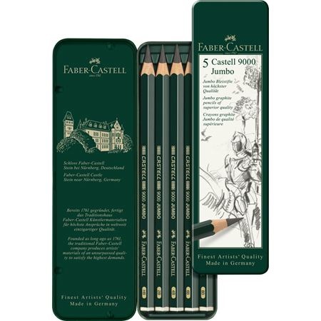 Faber-Castell Matite in Grafite Castell 9000 Jumbo - Confezione da 5, Mina Extra Spessa e Resistente