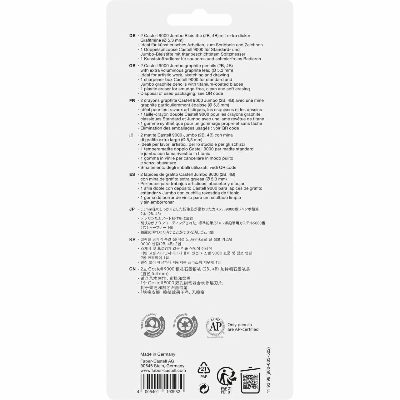 Faber-Castell Castell 9000 Matite in Grafite Extra Spessa 2 Pz per Disegni e Scrittura