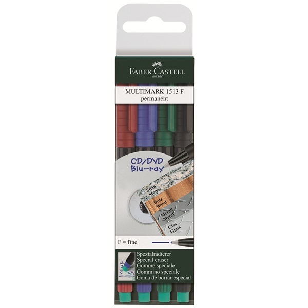 Faber-Castell Multimark Marcatore Permanente con Gomma - 4 Colori Assortiti (Nero, Blu, Verde, Rosso) - Punta Fine 0,6 mm