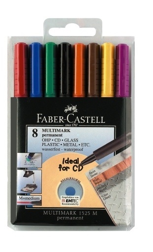 Faber-Castell Pennarello Multimark 152509 - Universale Permanente con Gomma, Punta Media 1,0mm, Busta da 8 Colori