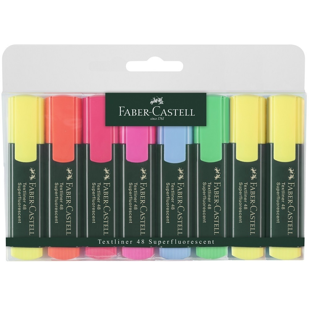 Faber-Castell Textliner 48 - Set di evidenziatori assortiti, ricaricabili, punta a cuneo, larghezza tratto 1-5 mm, confezione da 8 pezzi