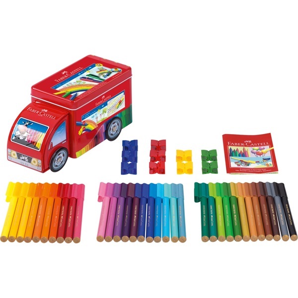 Faber-Castell 155533 Pennarelli Connector - Set da 33 pz con Camioncino di Latta e Clip di Collegamento - Atossici e Lavabili