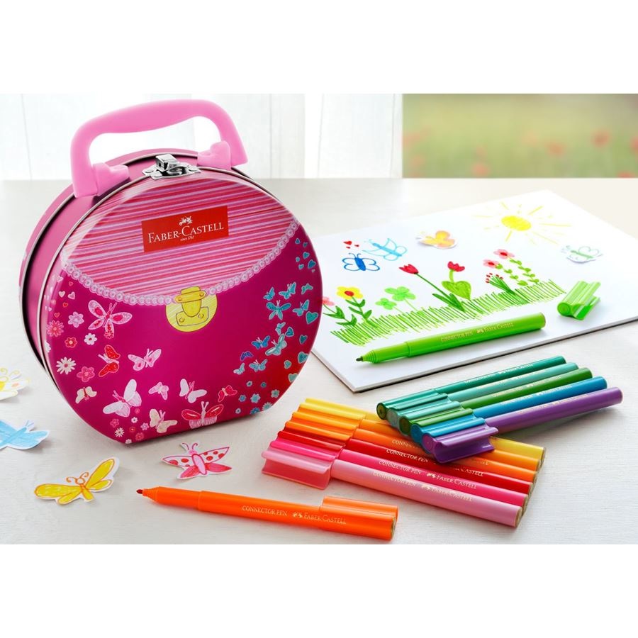 Faber-Castell 155537 - Pennarelli Connector con 33 penne, custodia in metallo, inchiostro lavabile