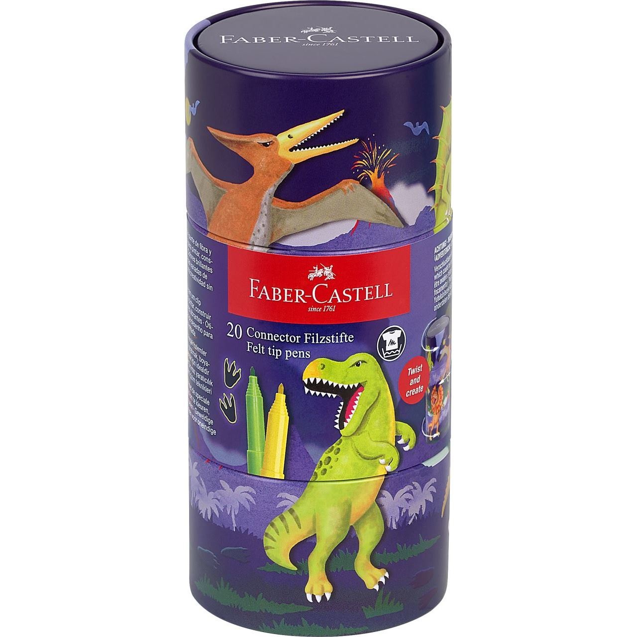 Faber-Castell Pennarelli Connector Dinosaurus - Set da 20 pezzi, colori assortiti, lavabili, con cappuccio a clip