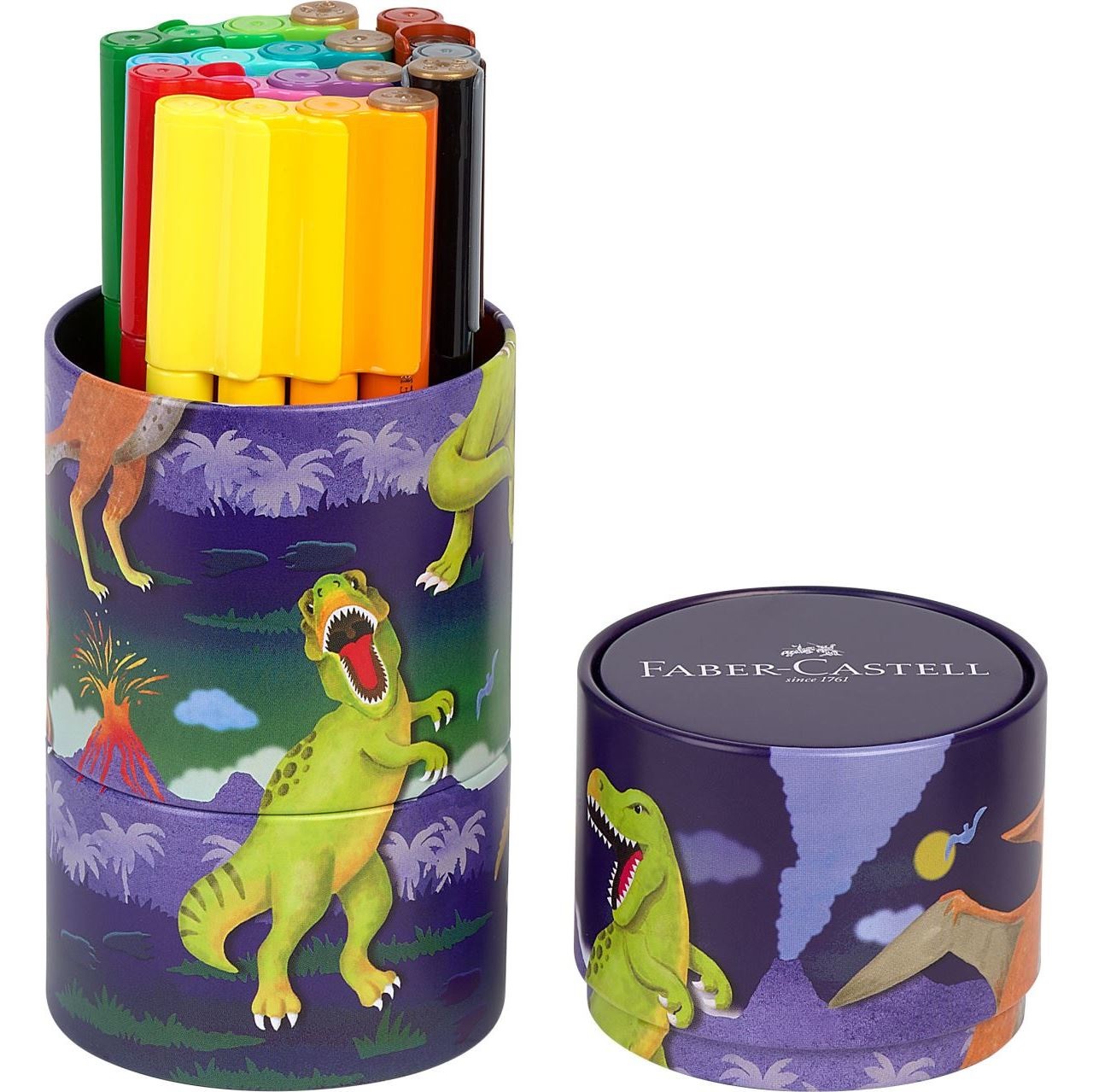 Faber-Castell Pennarelli Connector Dinosaurus - Set da 20 pezzi, colori assortiti, lavabili, con cappuccio a clip