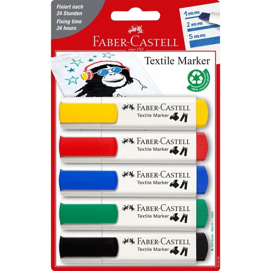 Faber-Castell 159520 Pennarelli per Tessuti - Set da 5 Colori Standard (Nero, Blu, Verde, Rosso, Giallo) - Resistenti e Fissabili