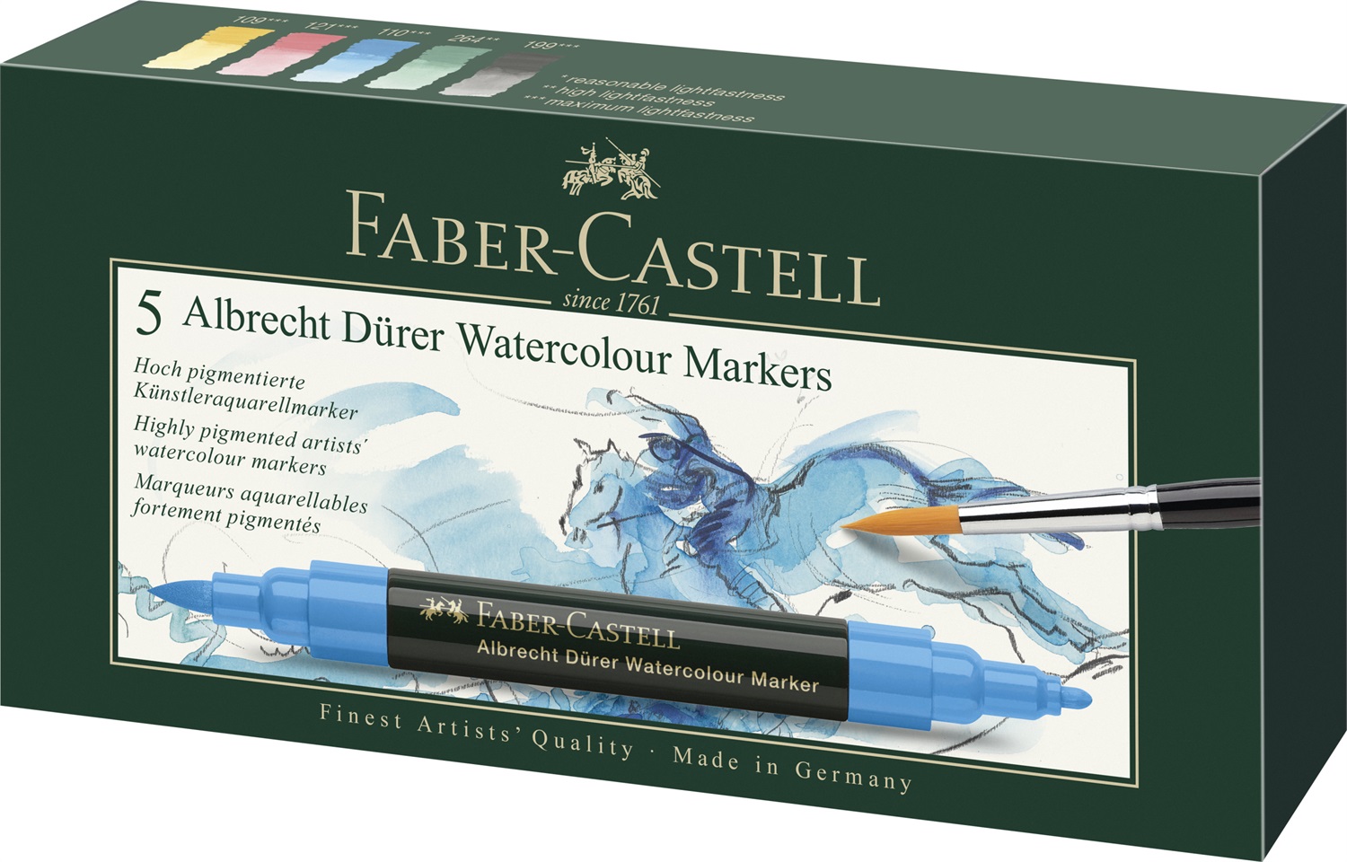 Faber-Castell 160305 Marker Acquerellabili Albrecht Dürer - Confezione da 5 con Doppia Punta e Inchiostro a Base d'Acqua