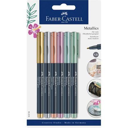 Faber-Castell 160706 - Pennarello Metallics con punta in fibra, larghezza tratto 1,5 mm, set da 6 colori assortiti (oro, argento, bronzo, viola, blu, verde), adatto a molte superfici