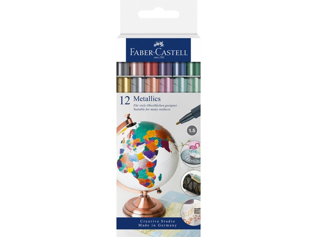 Faber-Castell 160713 Pennarello Metallics Set da 12, Multicolore, Punta in Fibra 1,5 mm, Inchiostro a Base d'Acqua