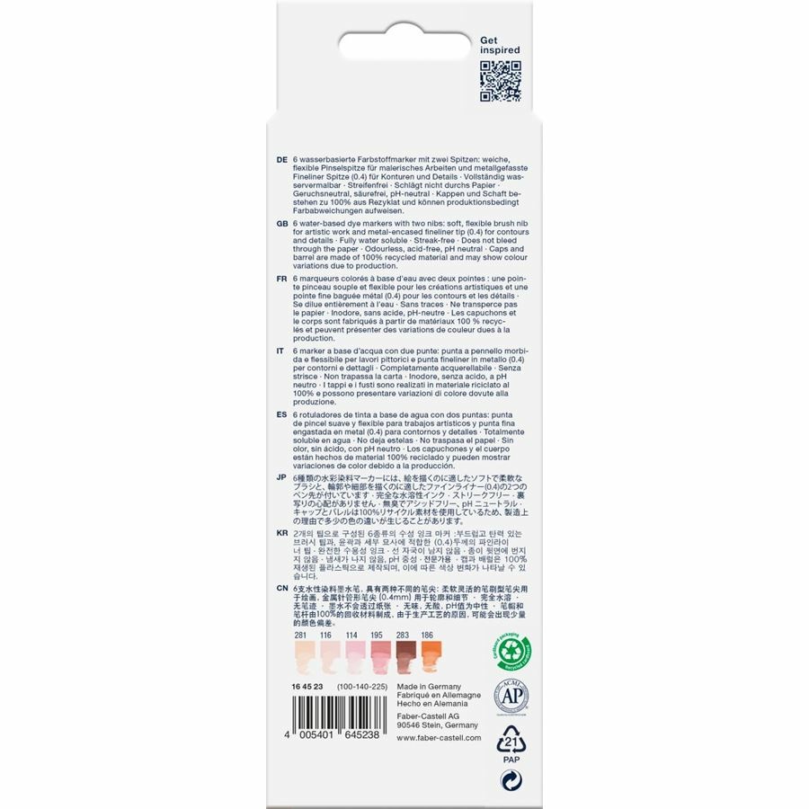 Faber-Castell Goldfaber Aqua Dual Marker a Doppia Punta - 6 Colori Ritratto, Punta Pennello e Fineliner 0.4 mm, Inchiostro Acquerellabile