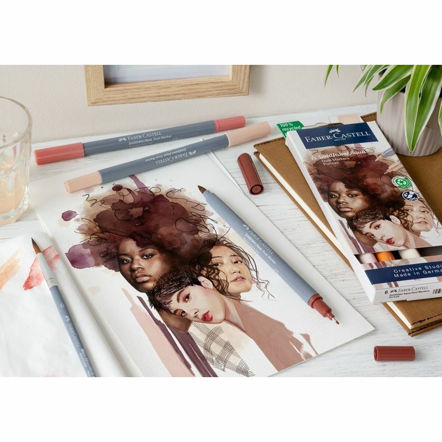 Faber-Castell Goldfaber Aqua Dual Marker a Doppia Punta - 6 Colori Ritratto, Punta Pennello e Fineliner 0.4 mm, Inchiostro Acquerellabile