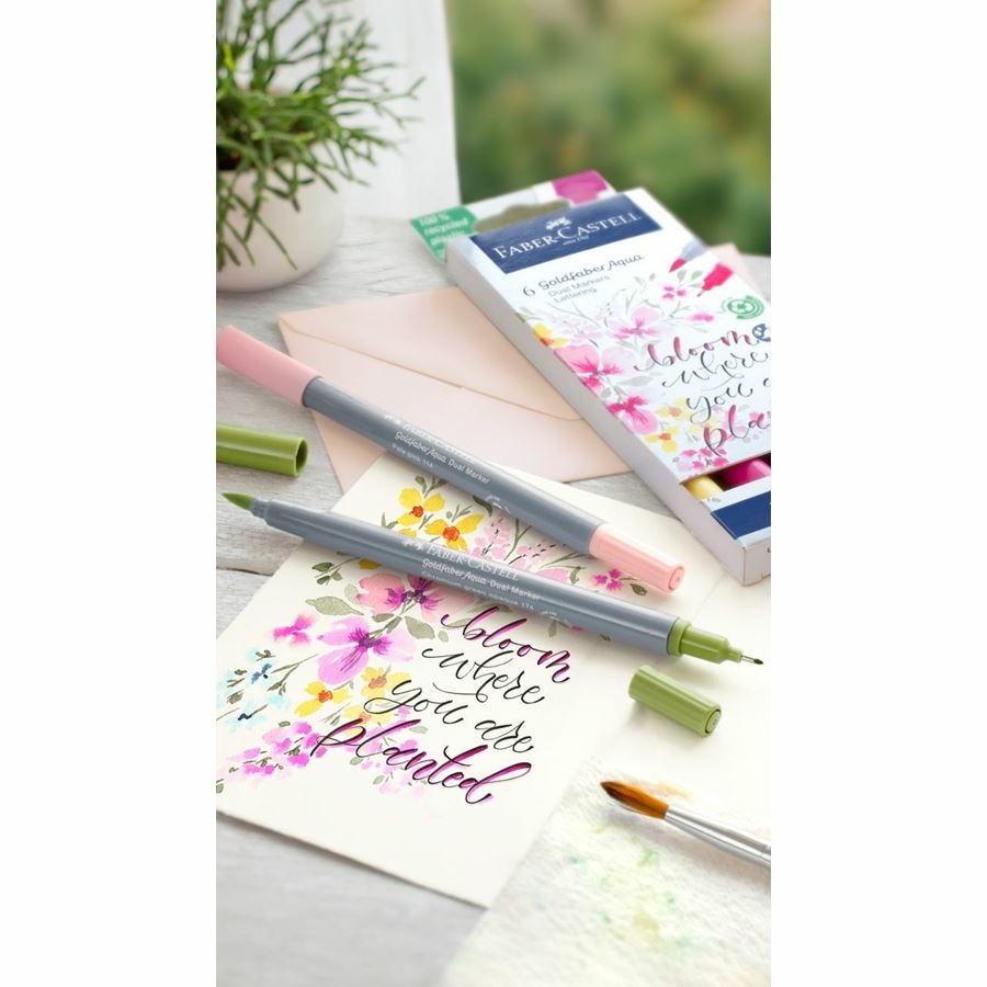 Faber-Castell Goldfaber Aqua Dual Marker Set 6 Colori Lettering con Doppia Punta Pennello e Fineliner 0.4 mm