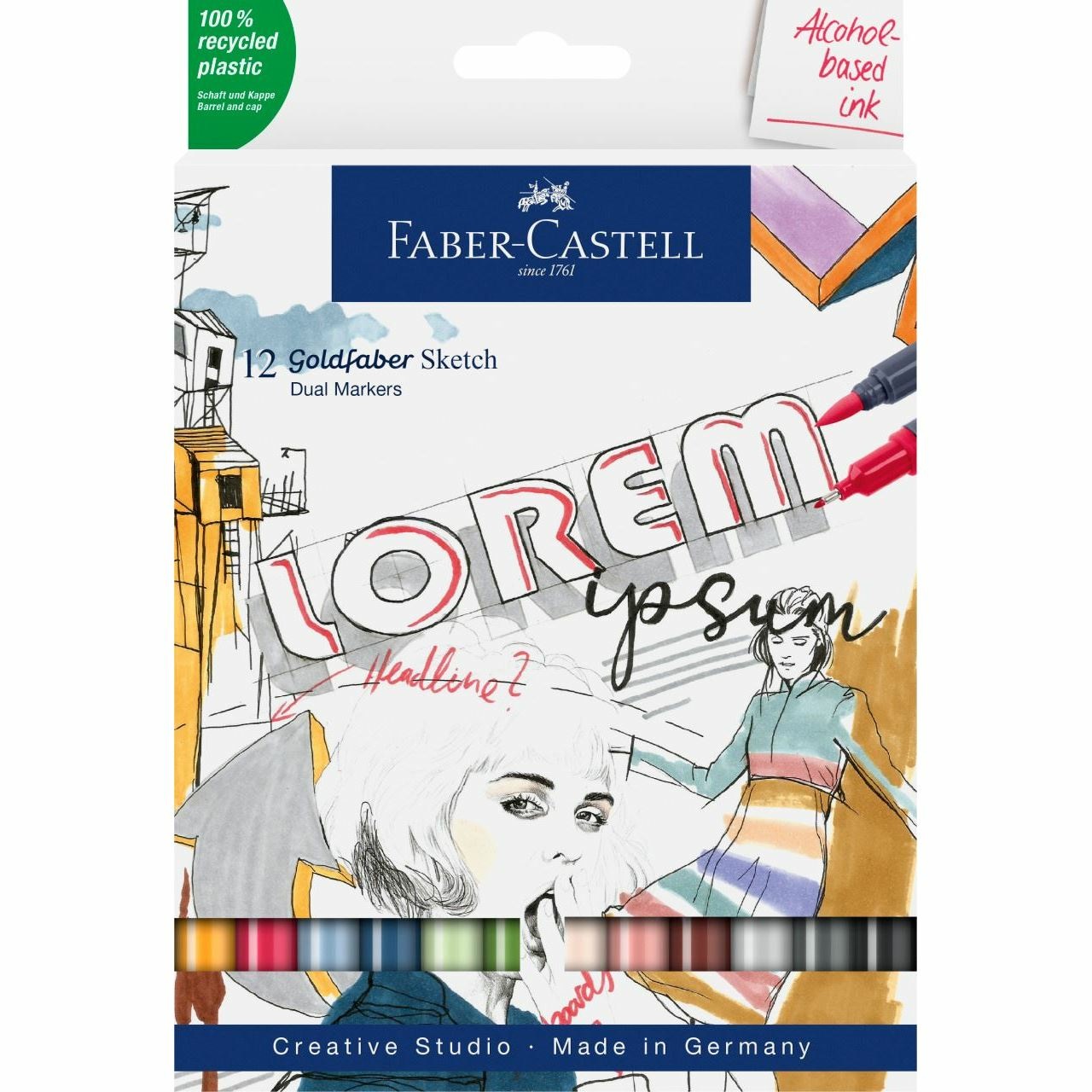 Faber-Castell Set 12 Sketch Marker Goldfaber - Pennarelli a base alcolica con punta a pennello e fineliner