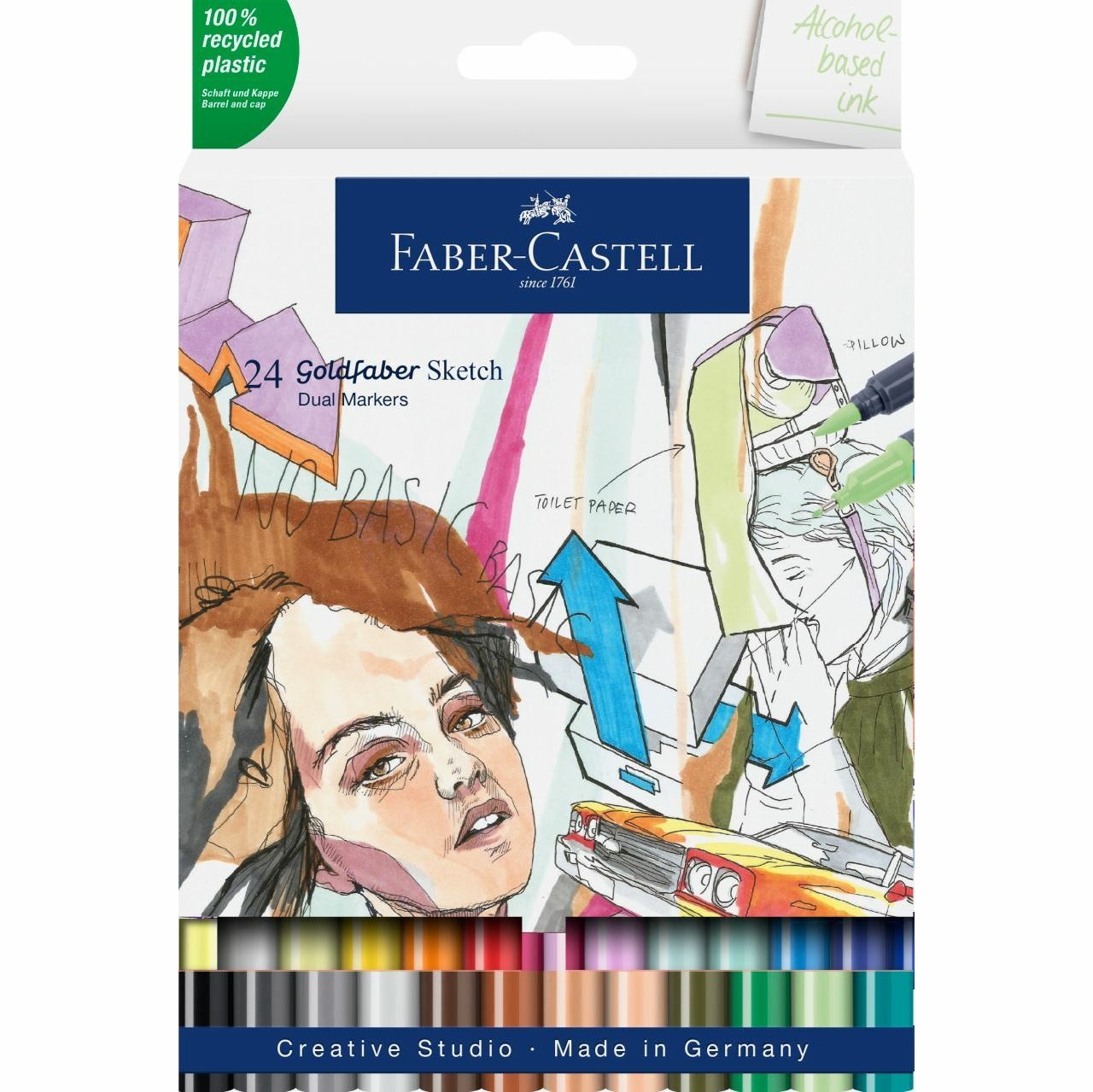 Faber-Castell Goldfaber Sketch Marker 164724 - Set da 24 Pennarelli a Base Alcolica con Punta a Pennello e Fineliner
