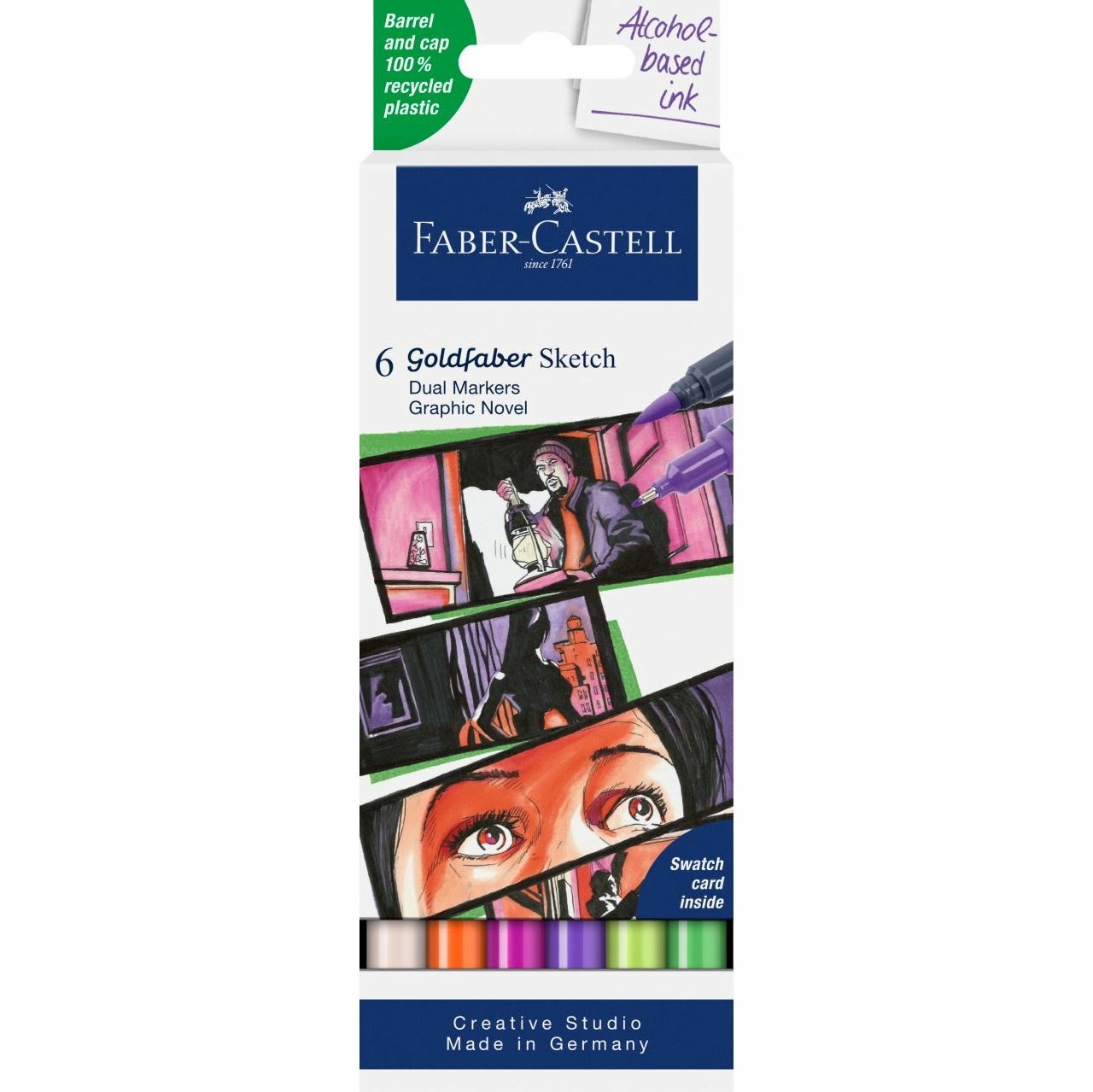 Faber-Castell 164810 Goldfaber Sketch Marker Graphic Novel - Set di 6 pennarelli ad alcool con punta a pennello e fineliner