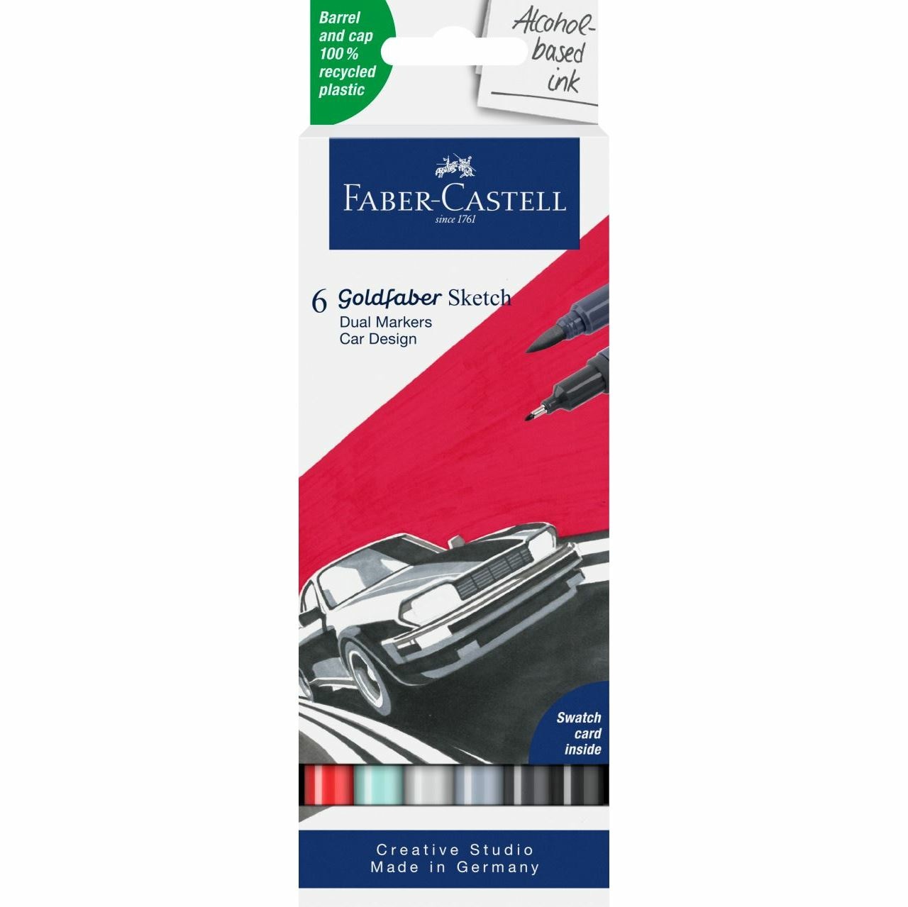Faber-Castell Goldfaber Sketch Marker Car Design - Set di 6 Pennarelli a Base Alcolica con Punta Pennello e Fineliner