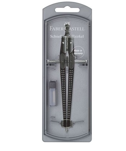 Faber-Castell Compasso a Regolazione Rapida 174434 Nero - 5 Pezzi, Balaustrone per Cerchi fino a 390mm, Parti di Ricambio e Mine Incluse
