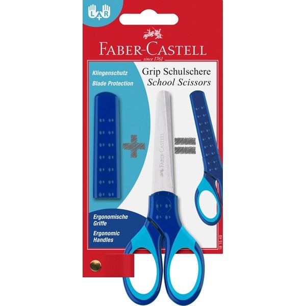 Faber-Castell 181549 Forbici Grip Blu con Cappuccio di Protezione, Adatte per Destrorsi e Mancini, Impugnatura Morbida per Scuola e Attività Manuali