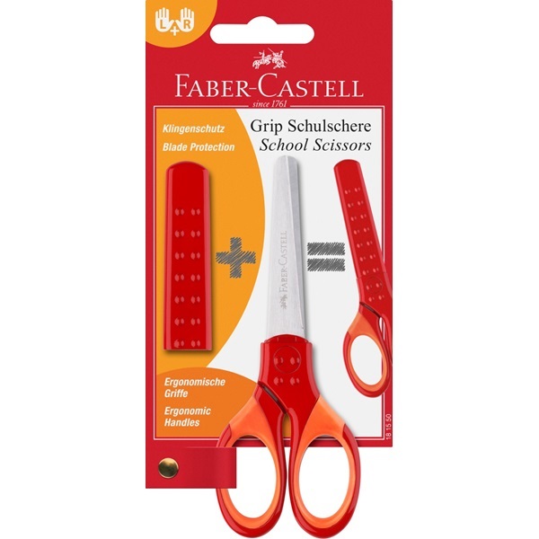 Faber-Castell 181550 Forbice da Cancelleria Grip Rosso - Adatta per Destrimani e Mancini con Protezione delle Lame e Punte Arrotondate