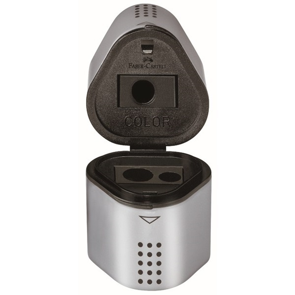 Faber-Castell Grip 2001 Temperamatite Manuale Argento Ergonomico a 3 Fori con Doppio Serbatoio