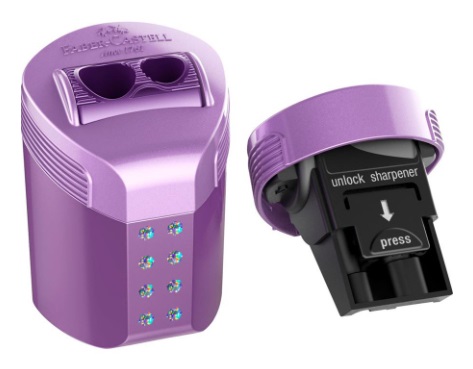 Faber-Castell Temperamatite RollOn Sparkle - con serbatoio, 2 fori, colori assortiti (Ocean, Rose, Violet) - conf. 6 pz