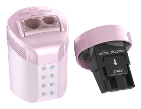 Faber-Castell Temperamatite RollOn Sparkle - con serbatoio, 2 fori, colori assortiti (Ocean, Rose, Violet) - conf. 6 pz