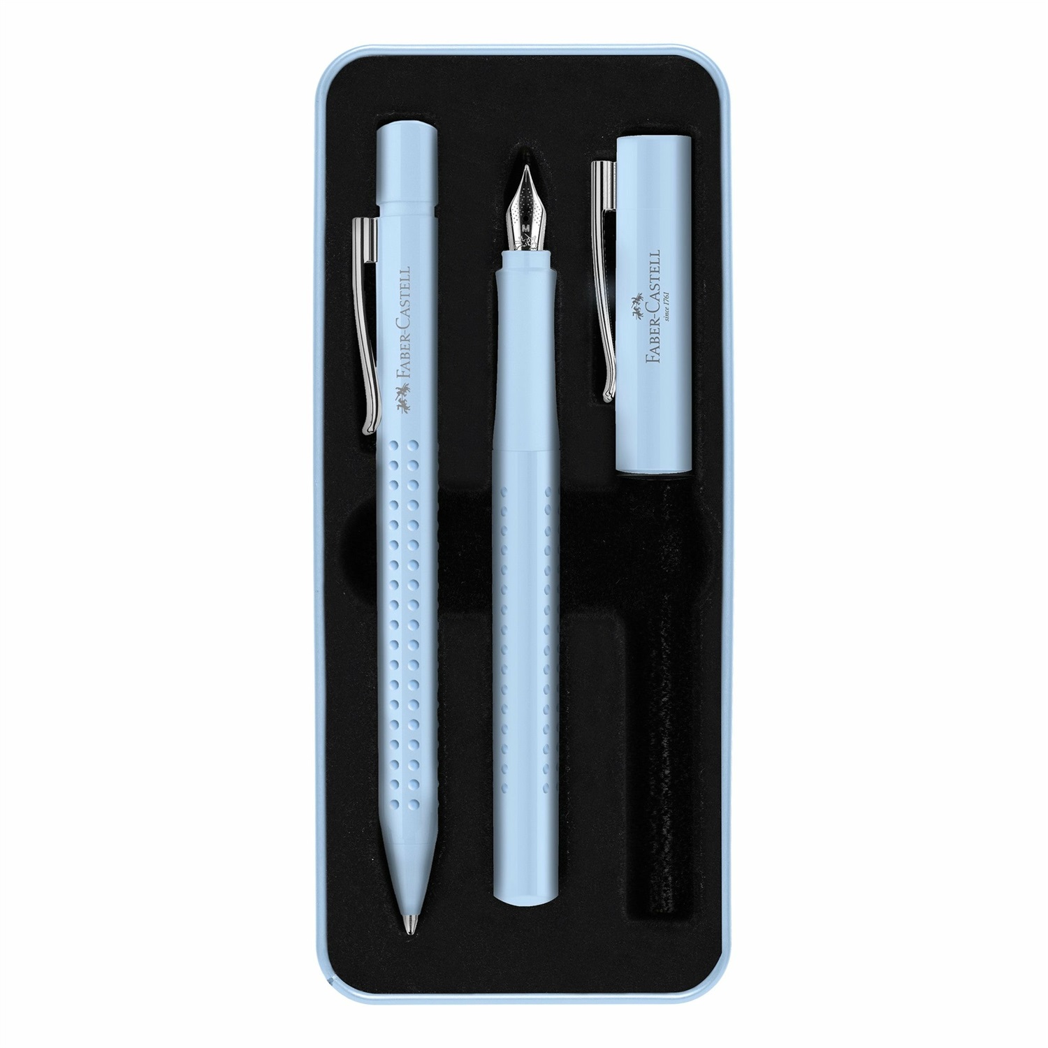 Faber-Castell Set Stilografica e Penna a Sfera Grip 2010 Blu Cielo - Design Unico, Pennino in Acciaio Inox, Custodia in Metallo