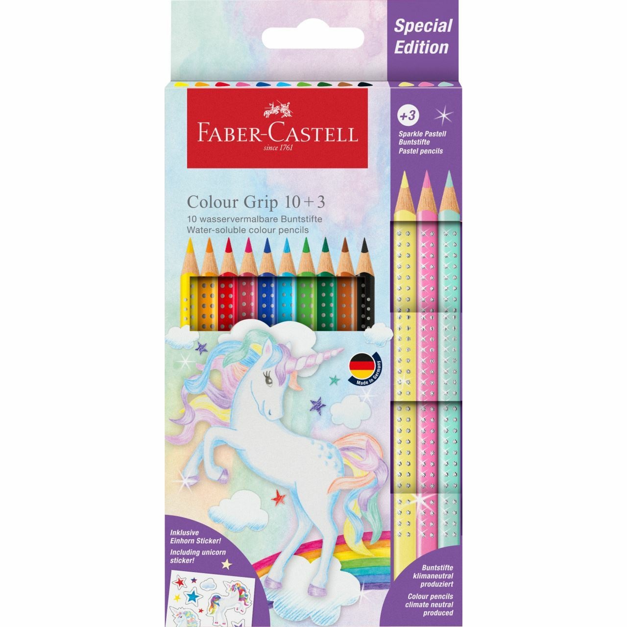 Faber-Castell 201542 Set di Pastelli Unicorno, 13 Pezzi, Infrangibili, con 10 Pastelli Colour Grip e 3 Pastelli Sparkle Pastel, Adesivo Unicorno
