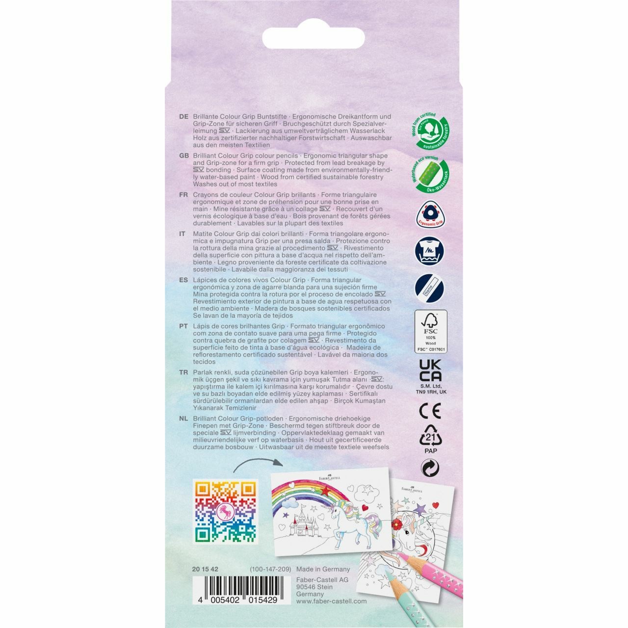 Faber-Castell 201542 Set di Pastelli Unicorno, 13 Pezzi, Infrangibili, con 10 Pastelli Colour Grip e 3 Pastelli Sparkle Pastel, Adesivo Unicorno