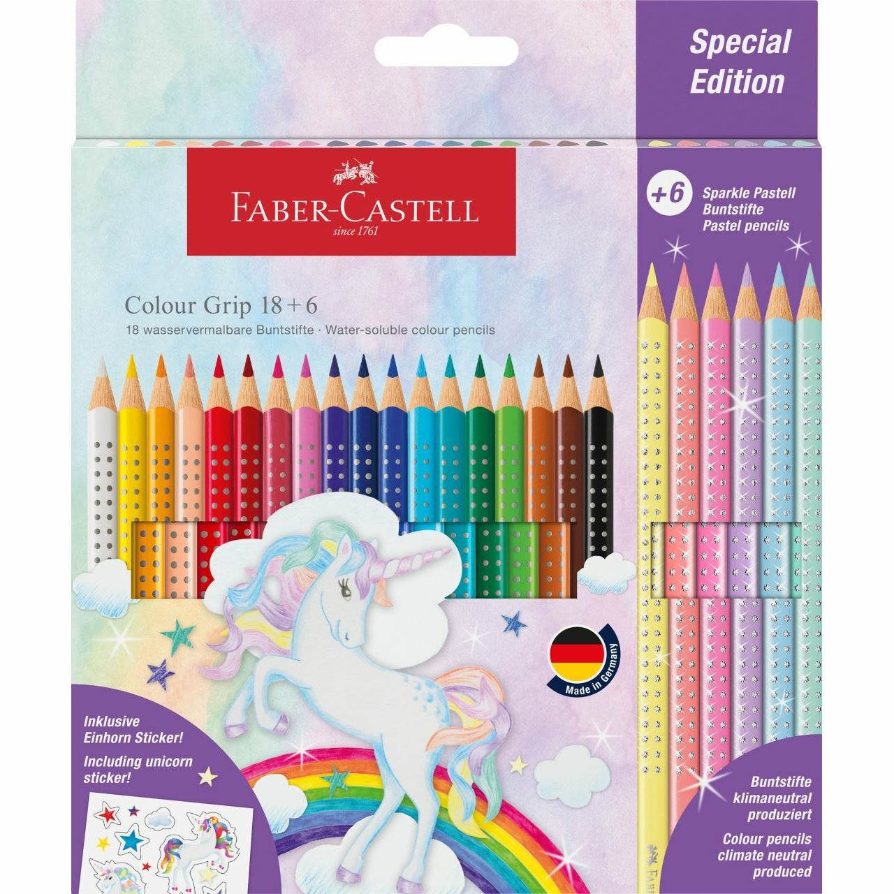 Faber-Castell 201543 Set di Matite Colorate, 24 Pezzi - 18 Matite Colour Grip e 6 Matite Sparkle, Fusto Triangolare Ergonomico, Mina Resistente, Legno Certificato FSC
